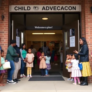 Entrance of Memphis Child Advocacy Center with community members