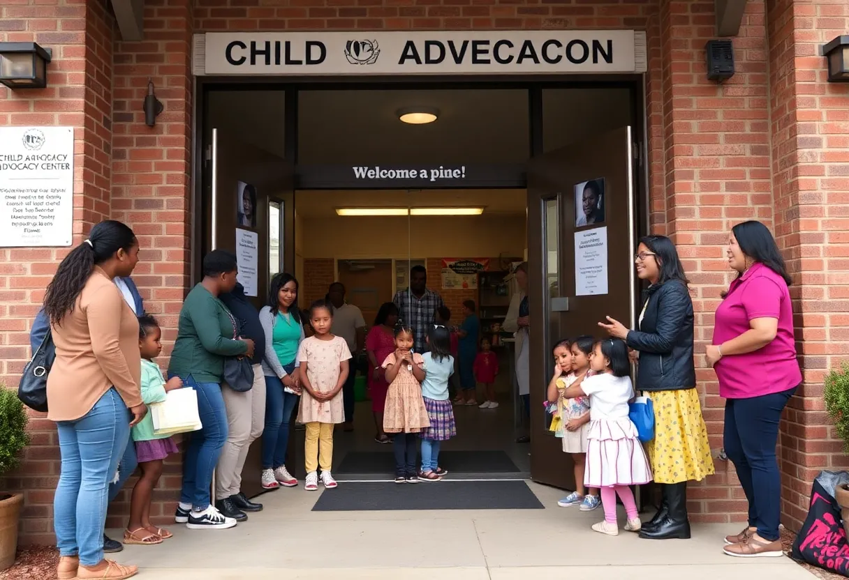 Entrance of Memphis Child Advocacy Center with community members