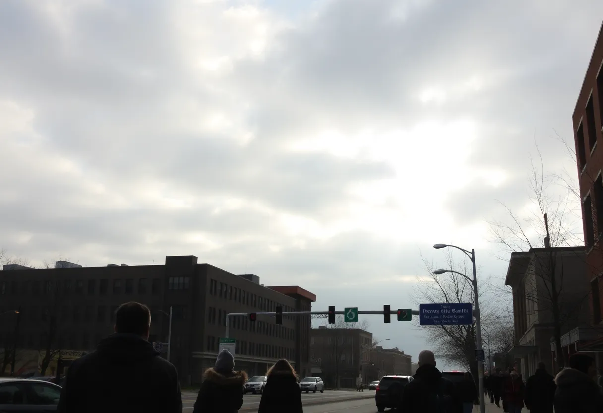 View of a chilly morning in Memphis with clouds and bundled pedestrians