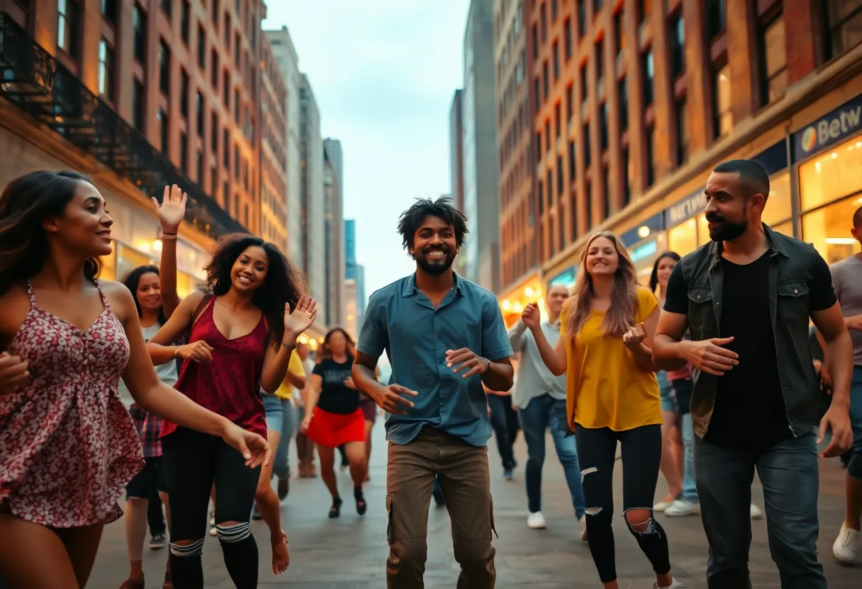 Group of young people dancing in the streets of Memphis at night