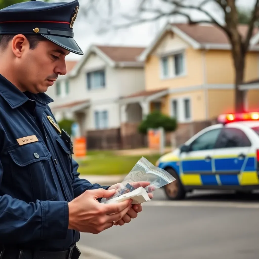 Police officer inspecting evidence from a drug bust