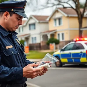 Police officer inspecting evidence from a drug bust