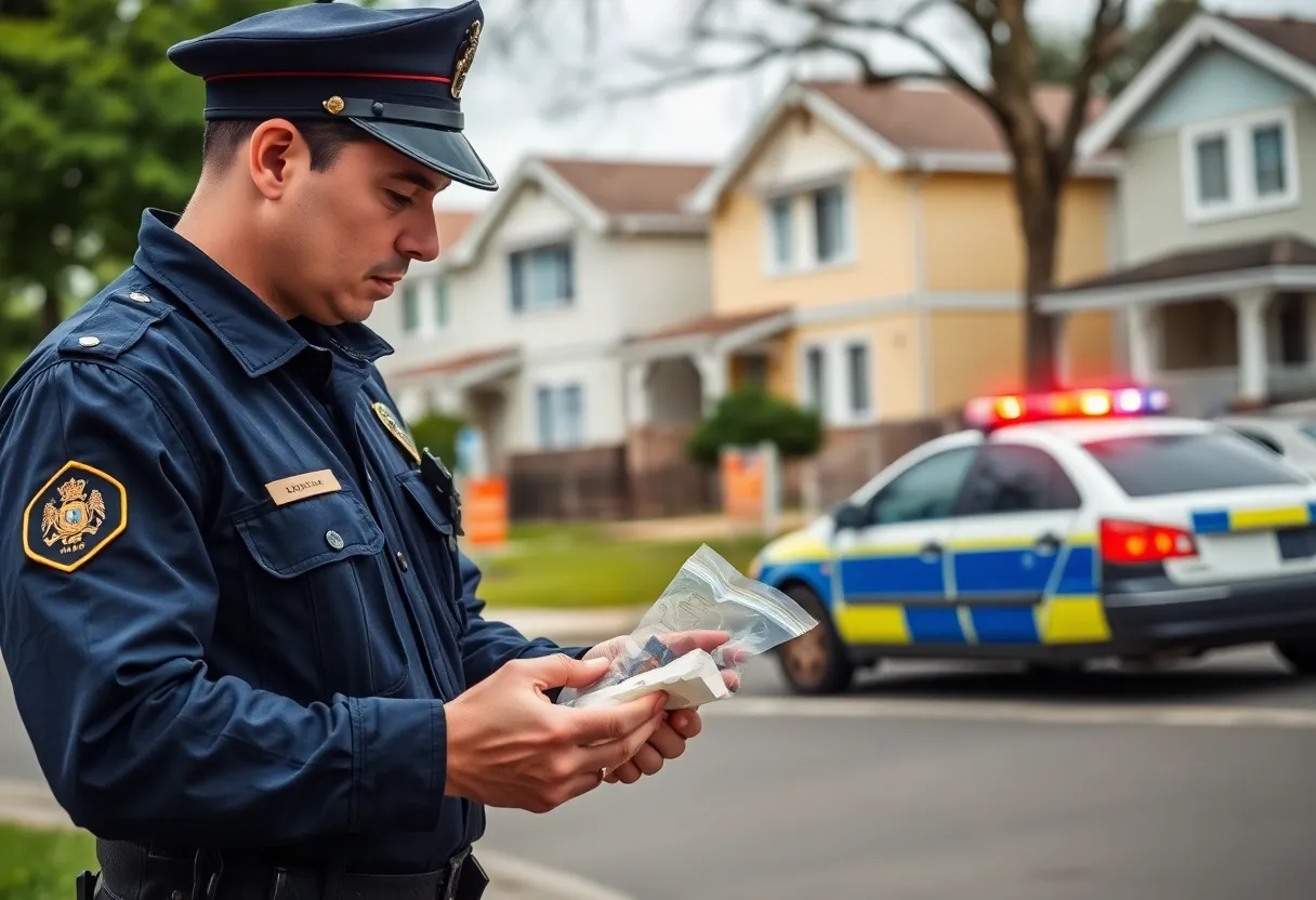 Police officer inspecting evidence from a drug bust