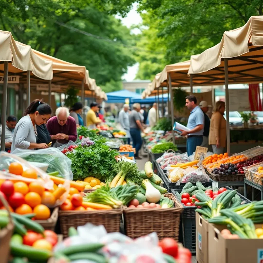 Fresh produce displayed in a Memphis farmer's market with citizens shopping.