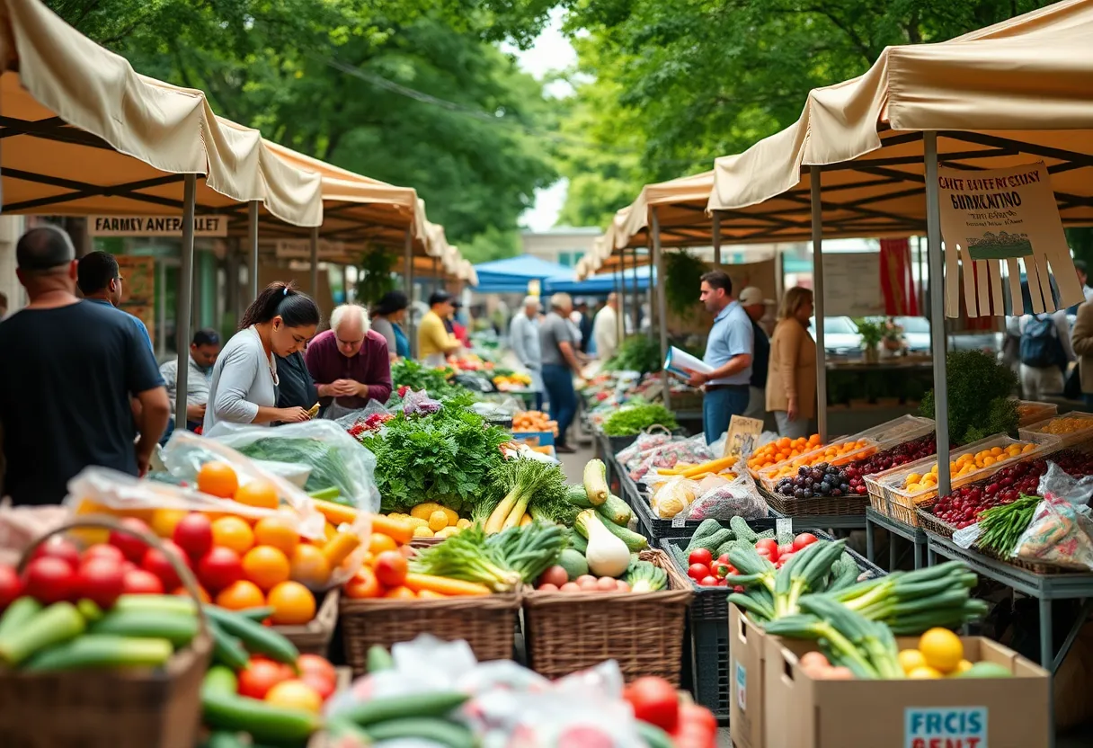 Fresh produce displayed in a Memphis farmer's market with citizens shopping.