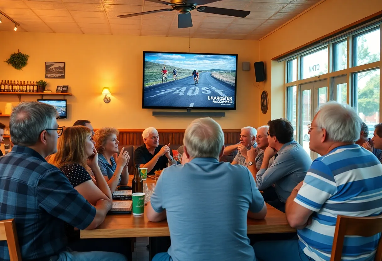 Group of people at a watch party cheering for competitors on a screen