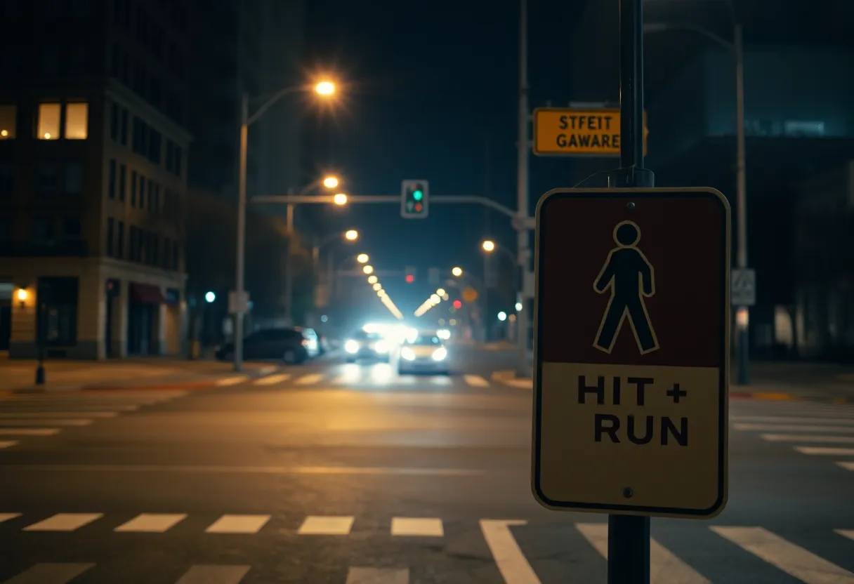 Dark urban intersection highlighting pedestrian safety signs