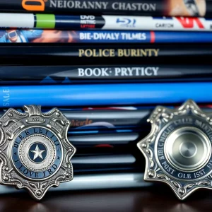 DVDs and Blu-rays with a police badge representing movie theft