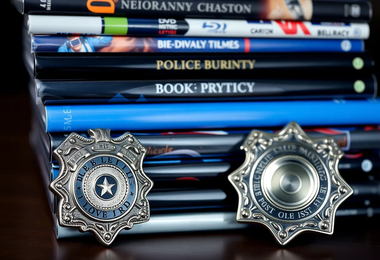 DVDs and Blu-rays with a police badge representing movie theft