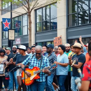 Musicians performing on a street in Memphis, showcasing the city's rich musical heritage.