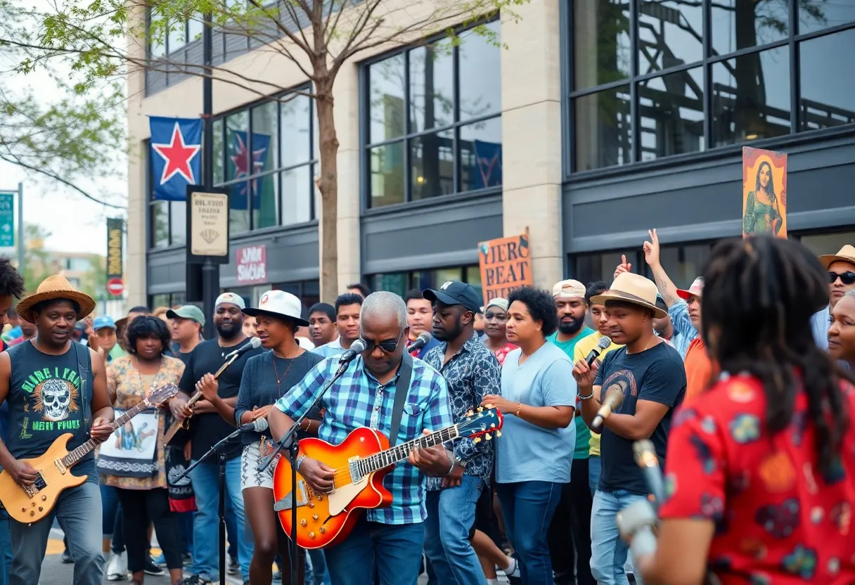 Musicians performing on a street in Memphis, showcasing the city's rich musical heritage.