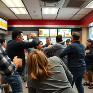 Employees trying to break up a fight inside a Popeyes restaurant
