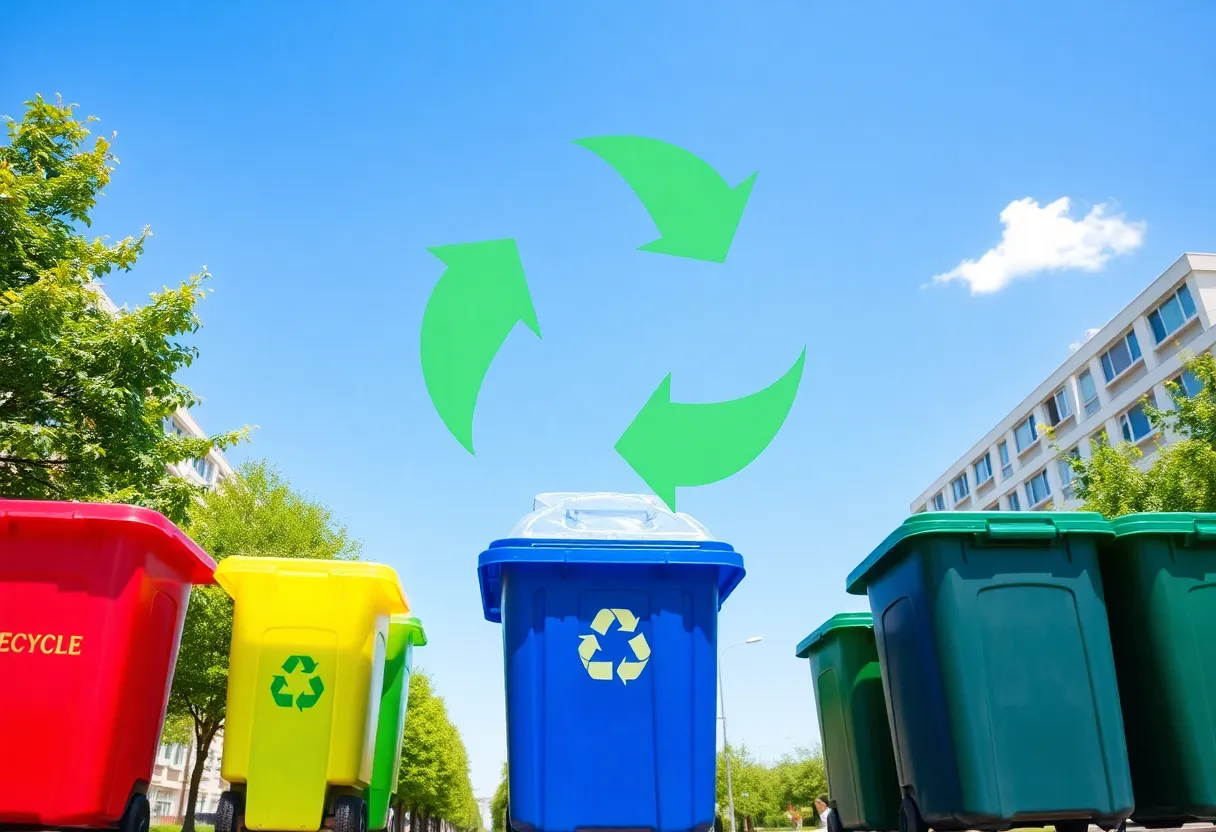 Recycling bins in Memphis urban landscape