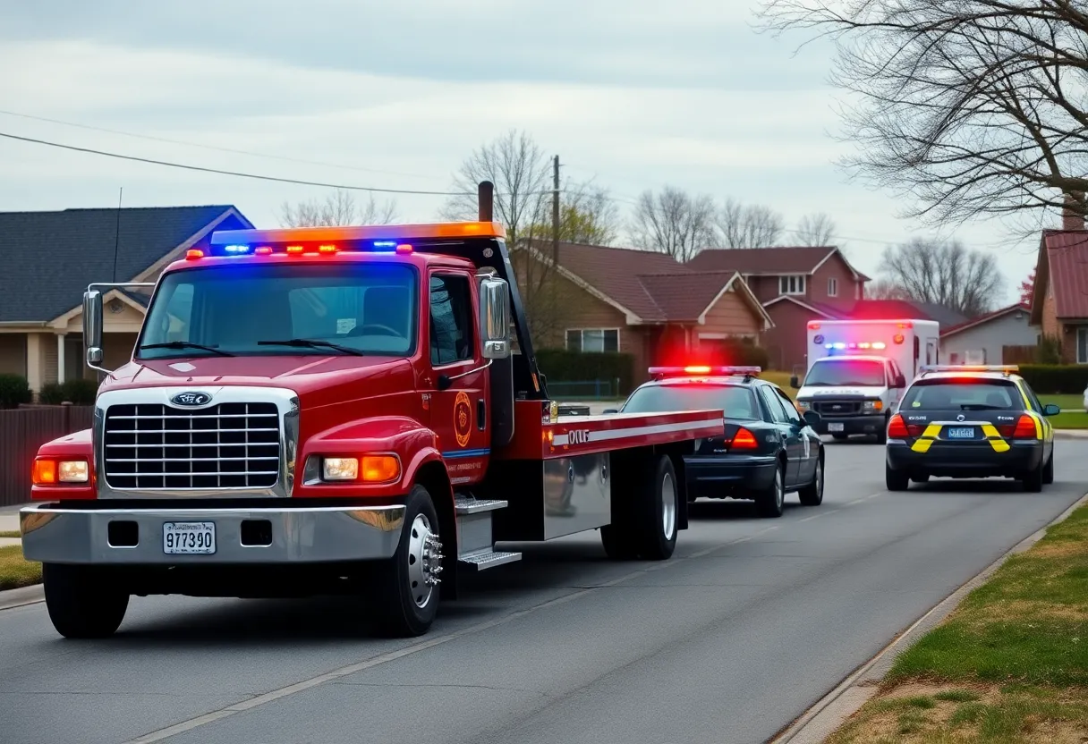 Tow truck and police vehicles at the scene of a repossession incident