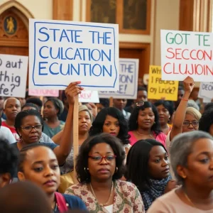 A large group of protesters at a church rallying against state control of Memphis schools