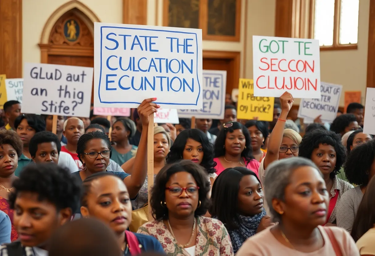 A large group of protesters at a church rallying against state control of Memphis schools