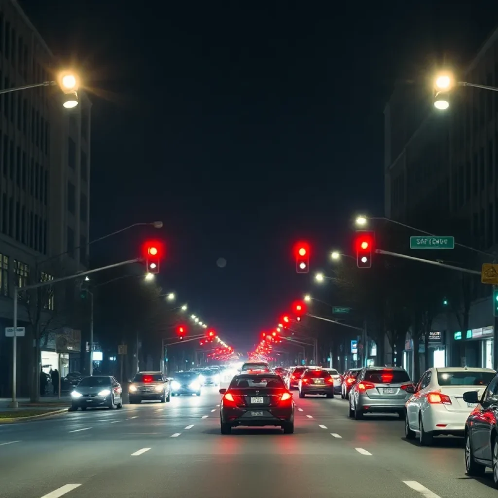 A city street with traffic lights highlighting road safety concerns