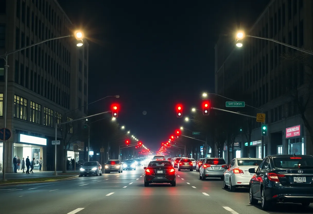 A city street with traffic lights highlighting road safety concerns