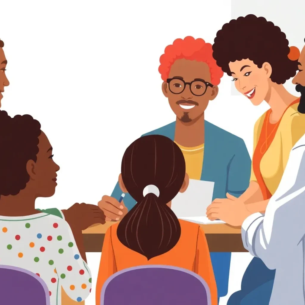 Illustration of diverse individuals collaborating on school board governance.