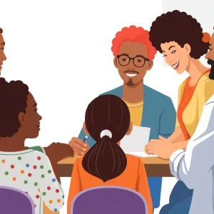Illustration of diverse individuals collaborating on school board governance.