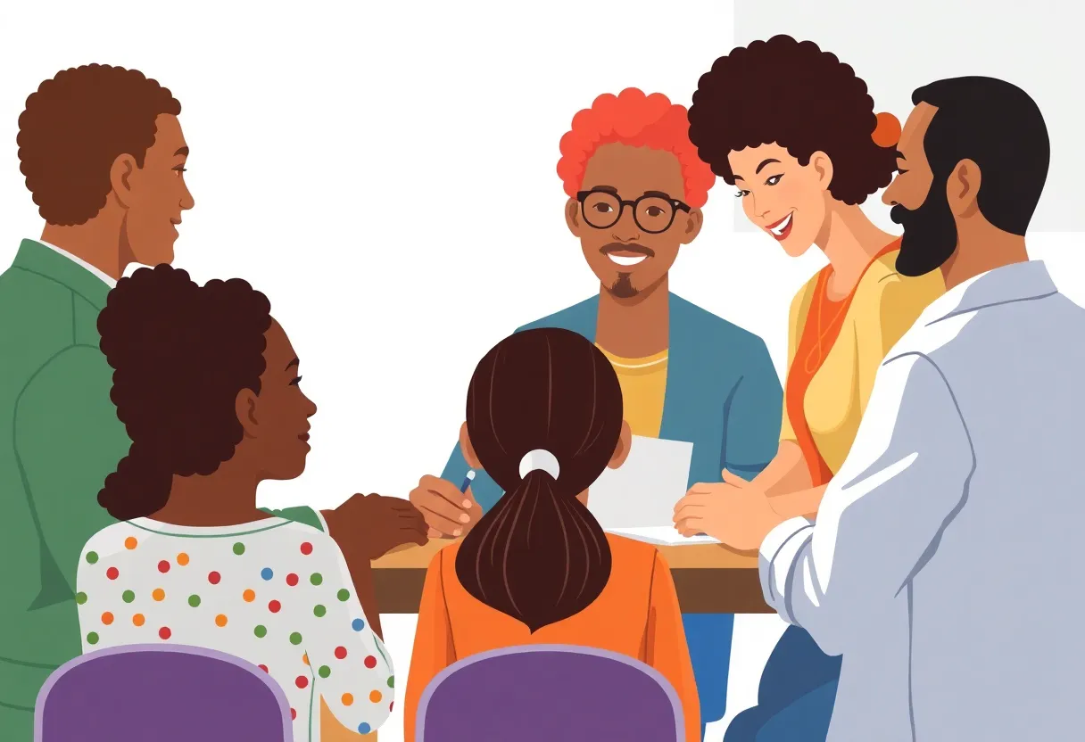 Illustration of diverse individuals collaborating on school board governance.