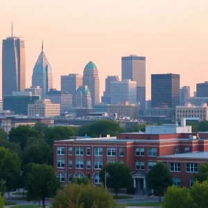 Memphis city skyline with a school building