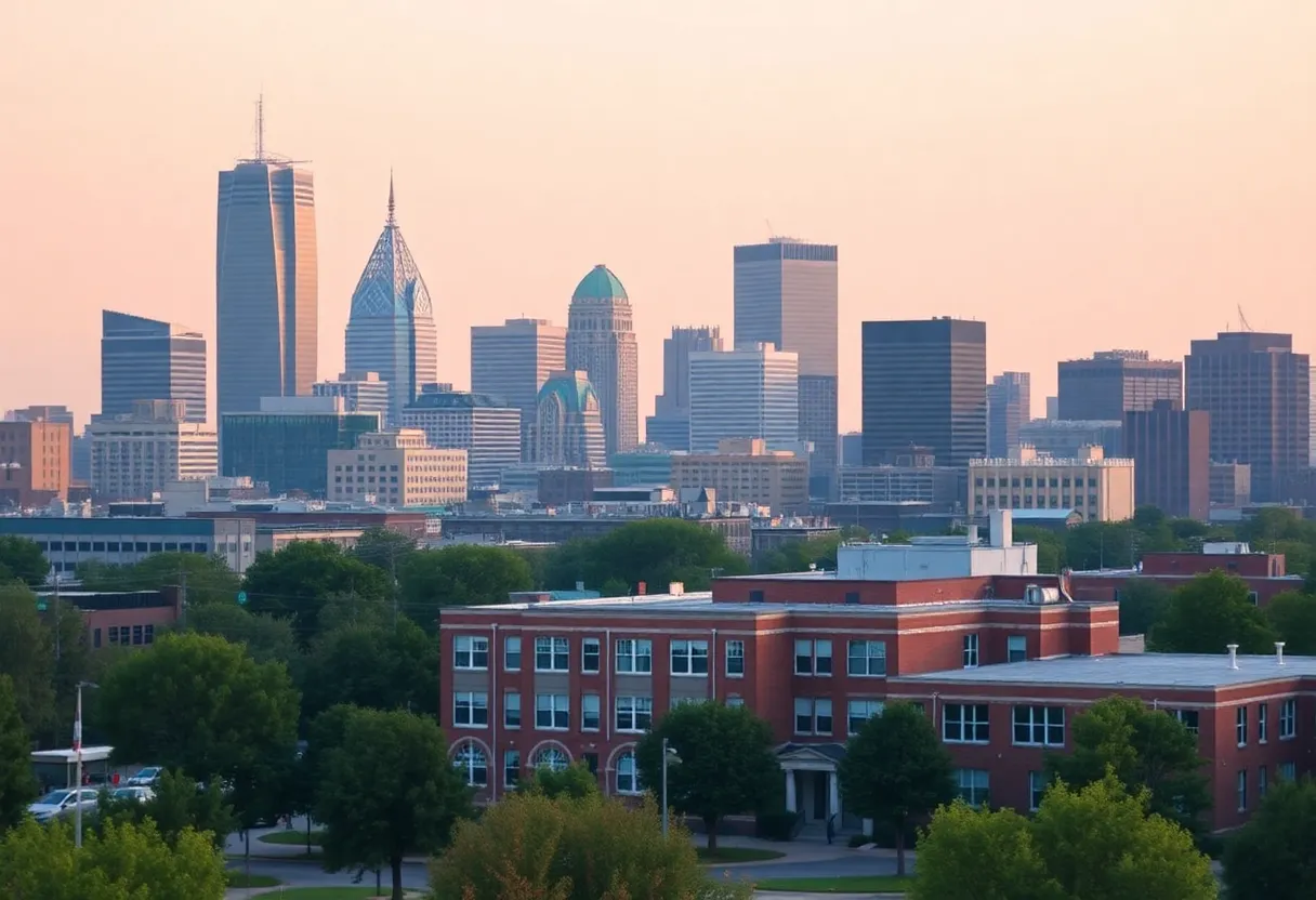Memphis city skyline with a school building