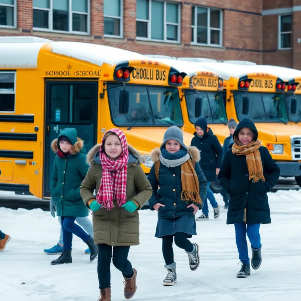 Students in winter attire at school during reopening after a snowstorm