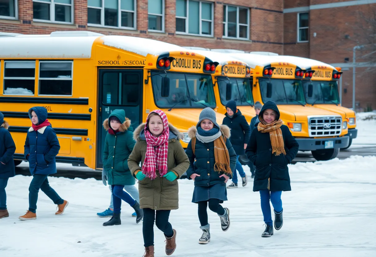 Students in winter attire at school during reopening after a snowstorm