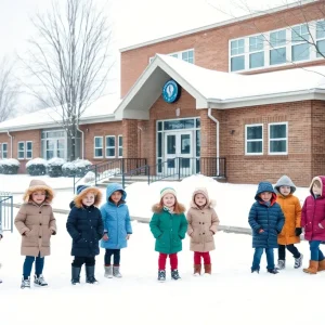 Children in winter clothing playing in front of a school during snowy weather