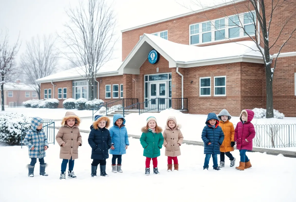 Children in winter clothing playing in front of a school during snowy weather