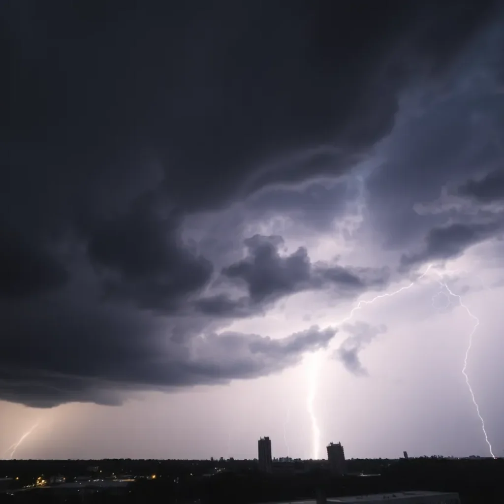 Dark storm clouds over Memphis during severe weather.