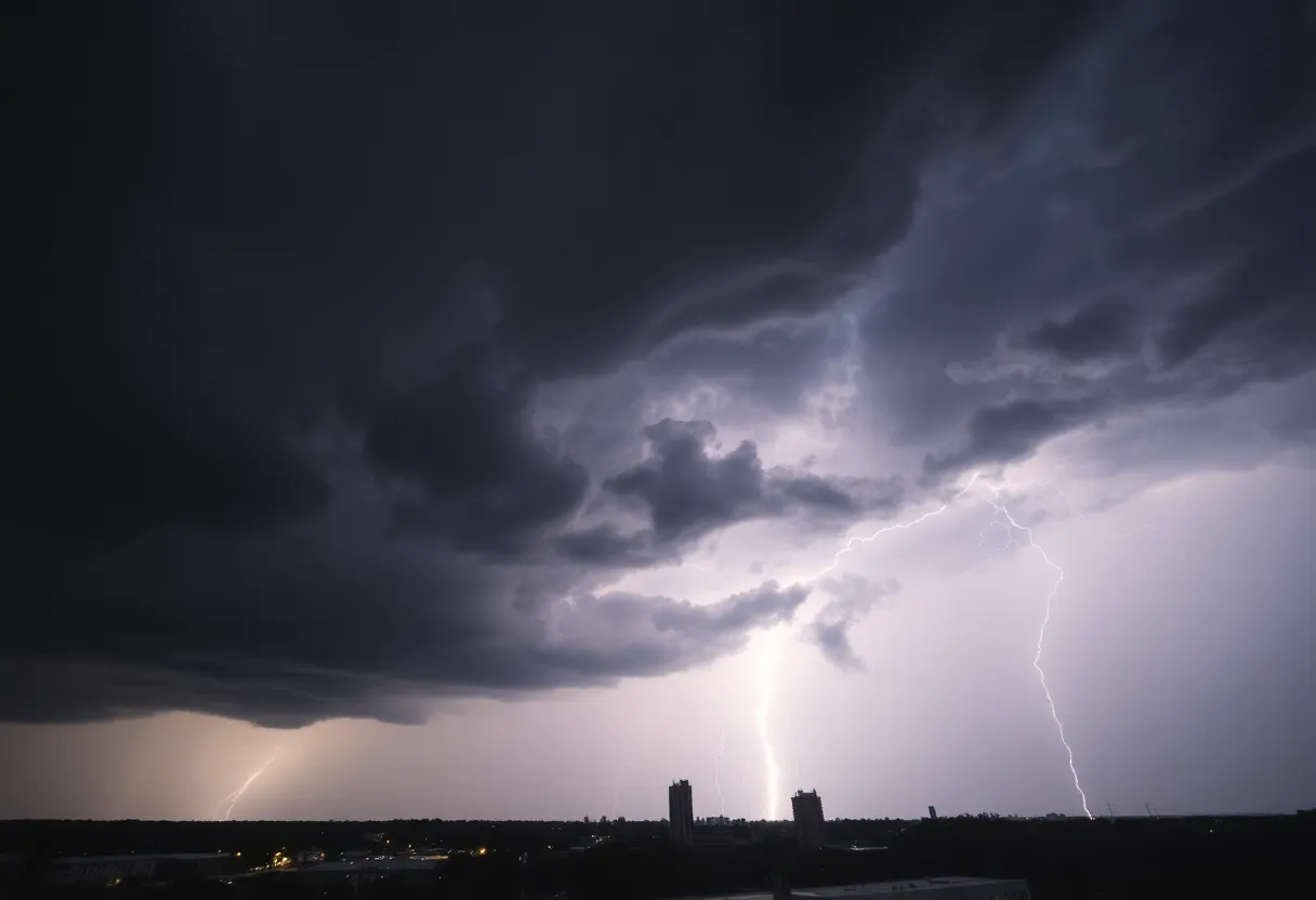 Dark storm clouds over Memphis during severe weather.