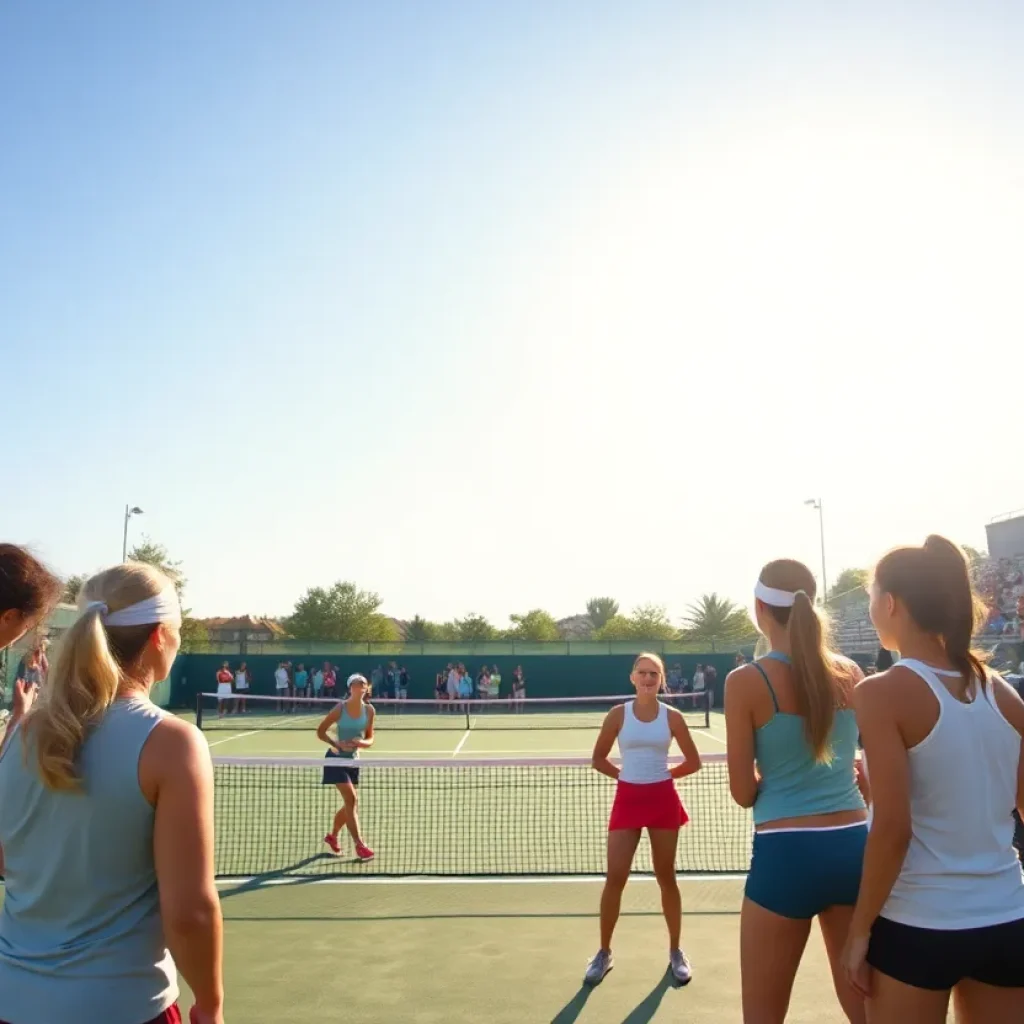 Women's tennis teams competing on court with fans cheering in the background