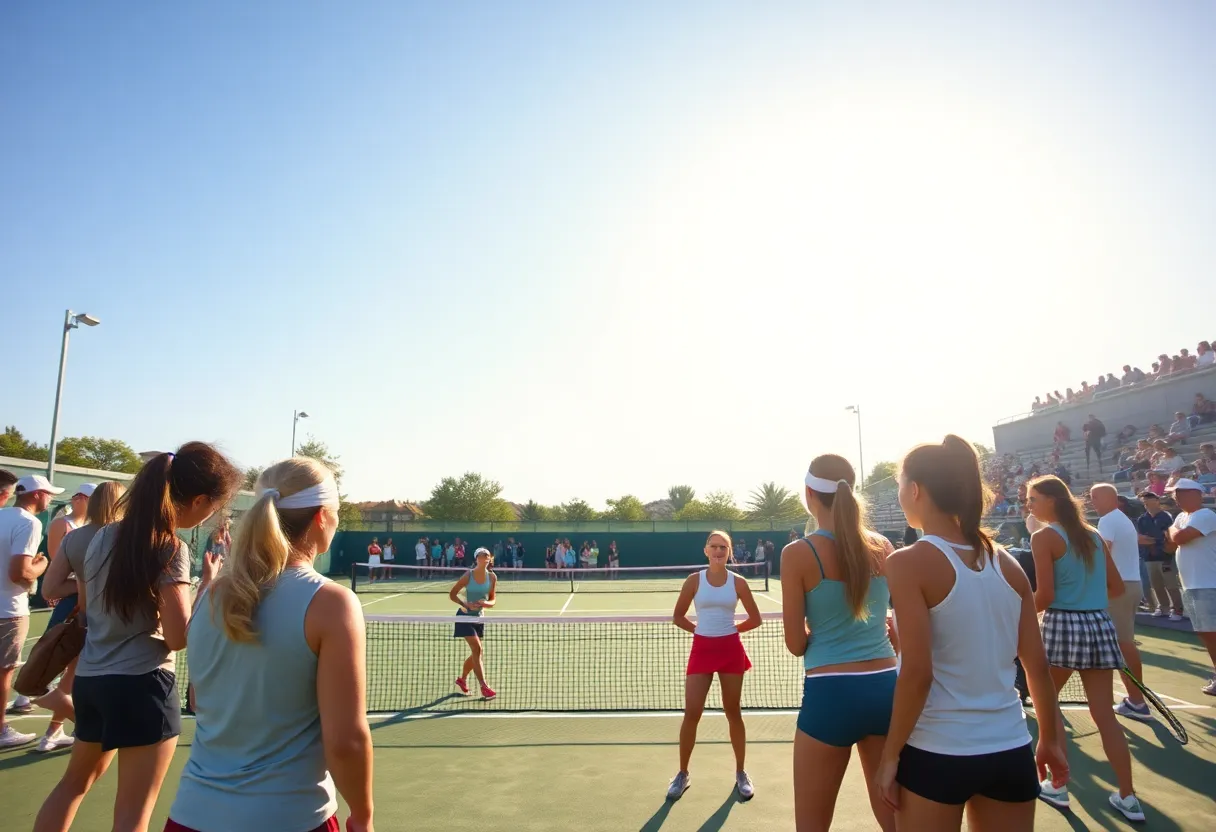 Women's tennis teams competing on court with fans cheering in the background