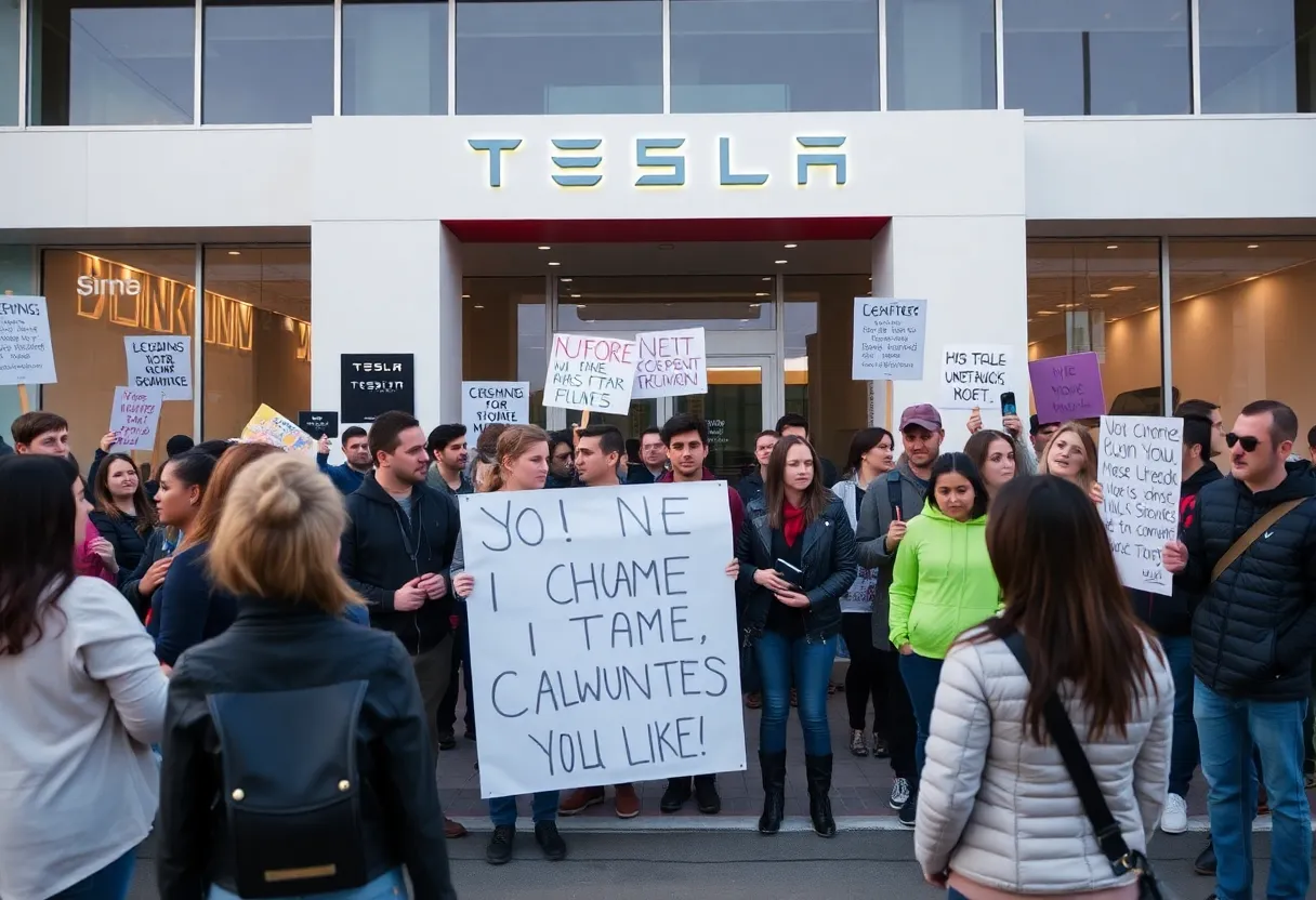 Protesters holding banners at Tesla protest in Memphis