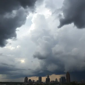 Storm clouds gathering over Memphis city skyline