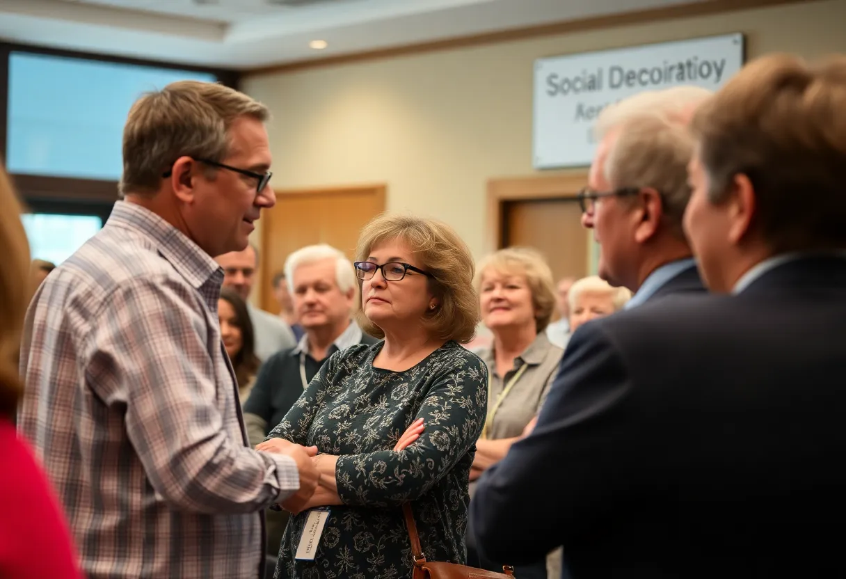 Community members discussing social security issues at a town hall meeting