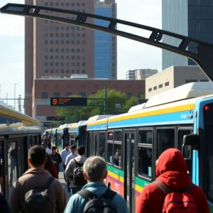 Urban transit station in Memphis with buses and commuters