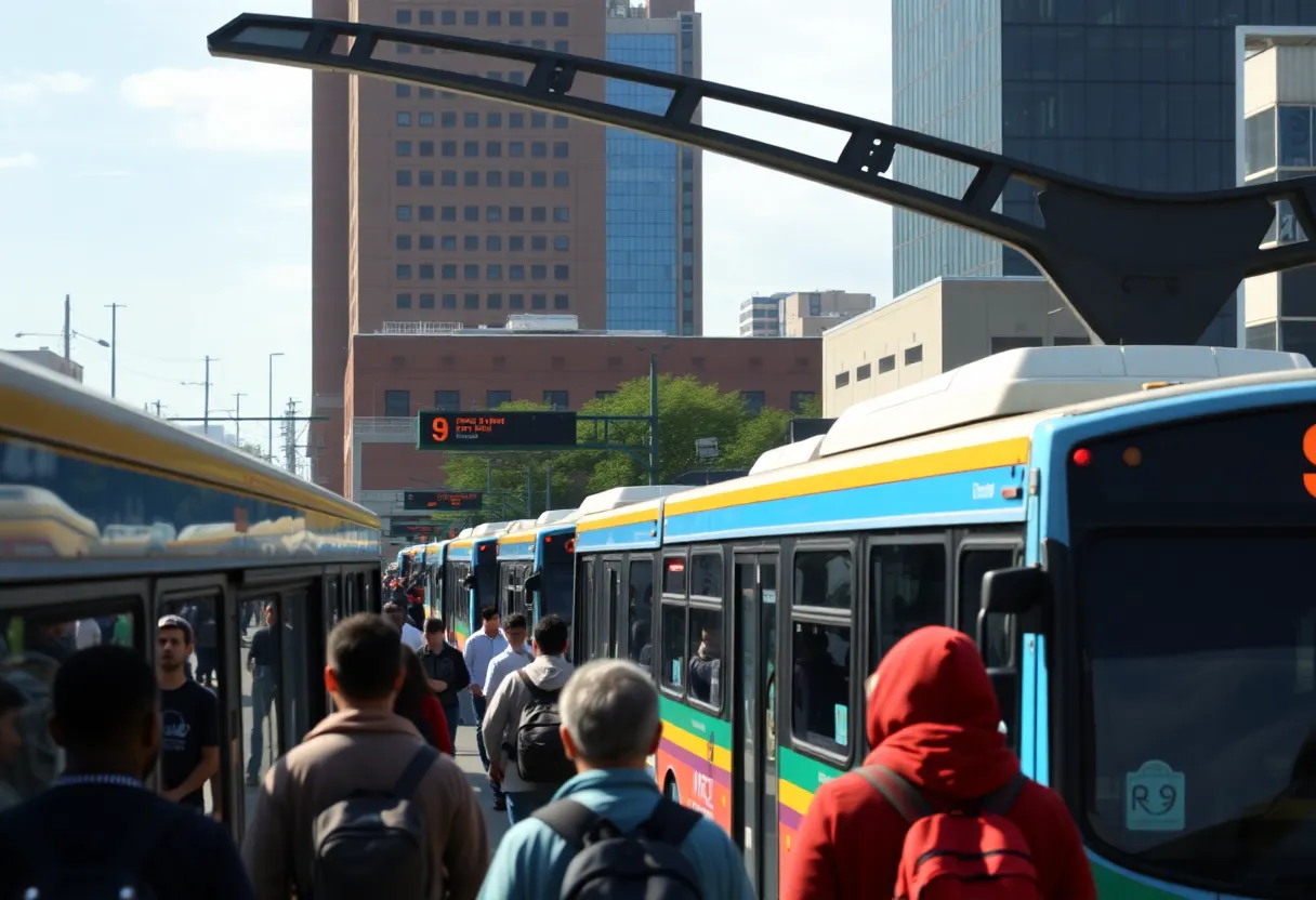 Urban transit station in Memphis with buses and commuters