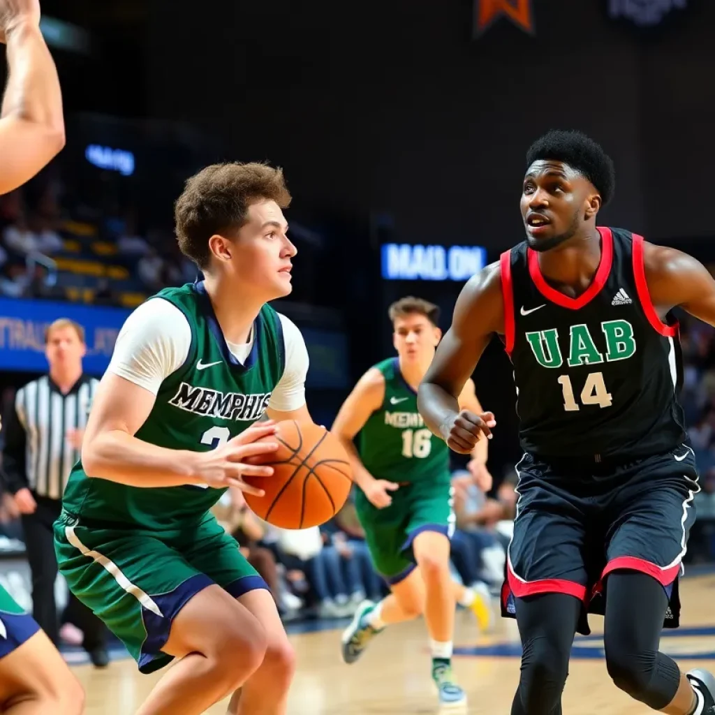 Basketball players from Memphis University and UAB competing in a tense moment during the game