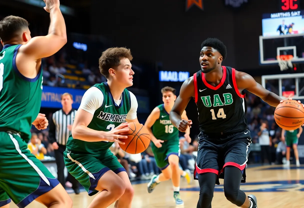 Basketball players from Memphis University and UAB competing in a tense moment during the game