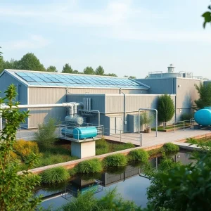 Illustration of a wastewater recycling facility with green technology