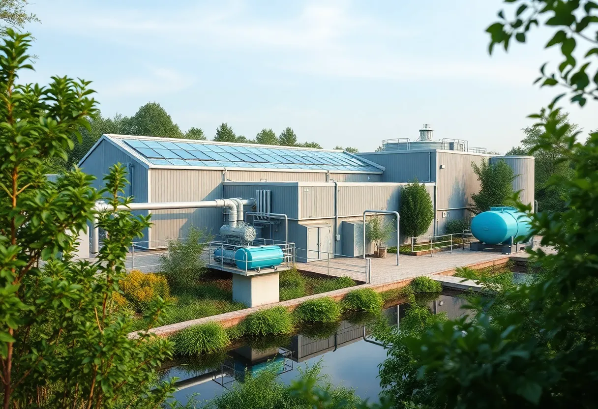 Illustration of a wastewater recycling facility with green technology