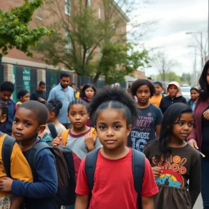 Students and families in a Memphis schoolyard discussing education access and immigration verification.