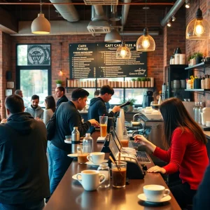 Interior view of Pyramid Coffee shop with customers enjoying drinks.