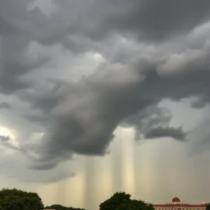 Dark storm clouds with strong winds in a city landscape