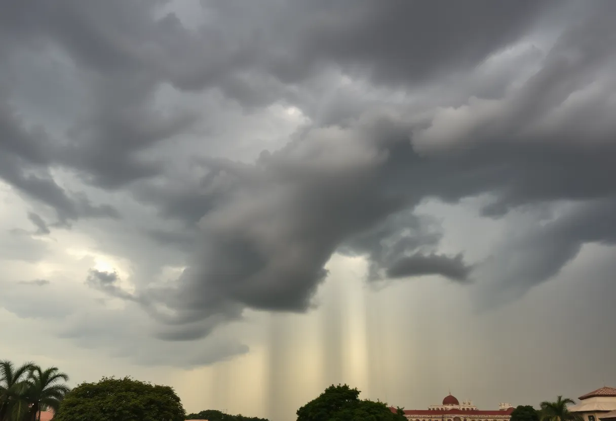Dark storm clouds with strong winds in a city landscape