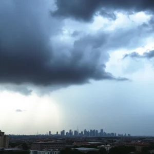 Dark storm clouds above Memphis during severe thunderstorm warnings