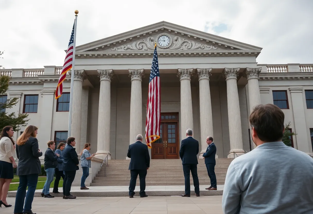 Exterior view of Shelby County Courthouse with visitors outside